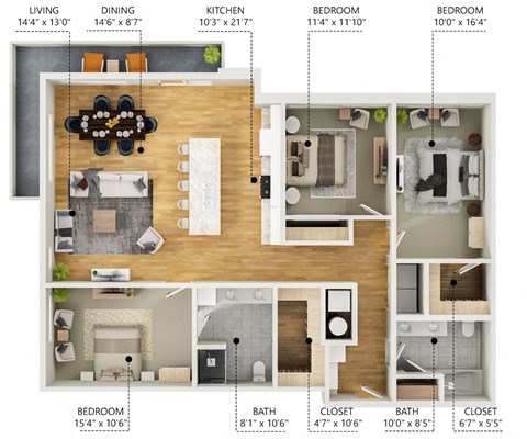 Floor plan for 3 beds, 2 baths, 1523 sqft